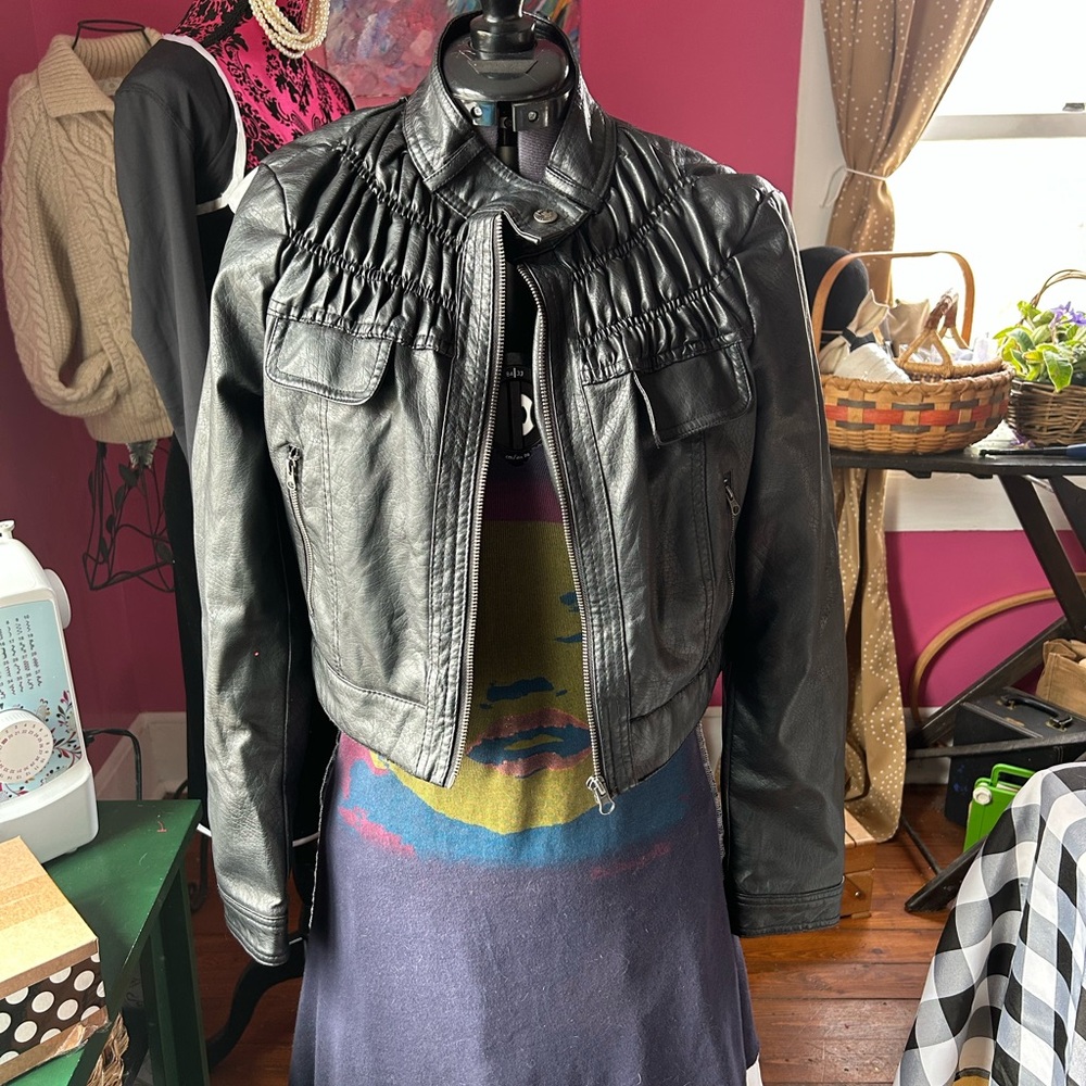 Beverly Hills Polo Club Black Ruched Yoke Faux Leather Moto Jacket